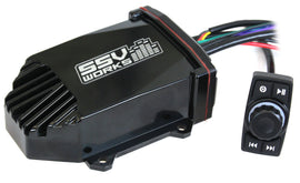 SSV Works Bluetooth rocker switch with auxiliary input, black plastic faceplate, mounted on a vehicle dashboard.