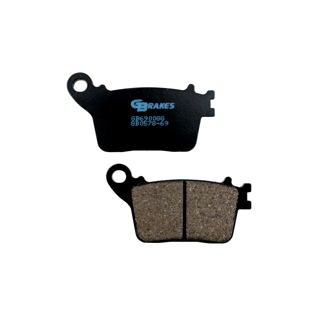 GBRAKES semi-metallic brake pads for vehicles, showing the black brake pad with metallic components and branding details.