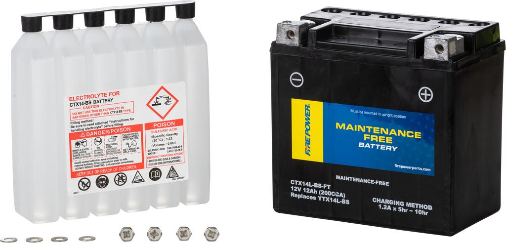 Fire Power Ctx14l-Bs-Ft maintenance-free battery with visible terminals and label, designed for reliable power supply.