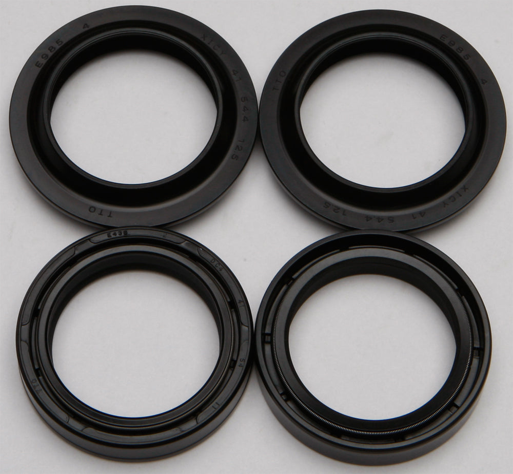 All Balls suspension fork and dust seal wiper kit for motorcycle, showing rubber seals and metal components.
