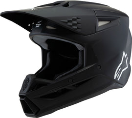 Alpine Star Sm3 Youth Solid Helmet in black matte with yellow label, featuring sleek design and secure strap for safe riding.