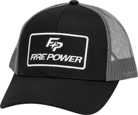 Fire Power black and grey curved bill hat with adjustable strap, featuring the brand logo on the front.