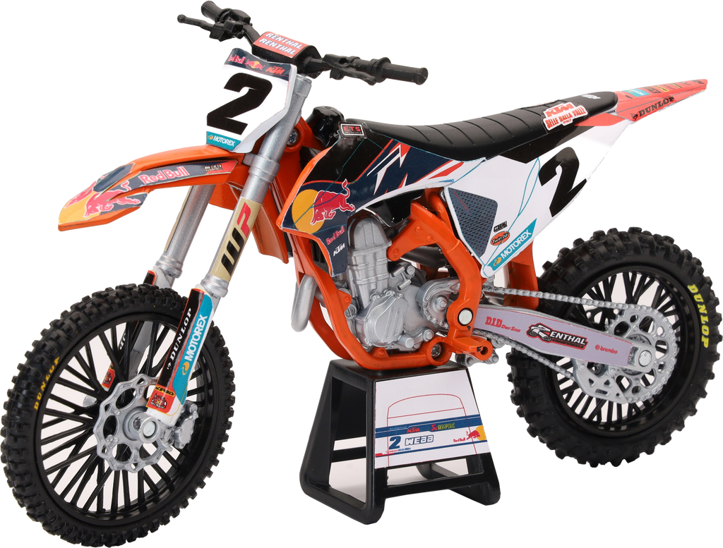 Redbull KTM 450SX-F motorcycle accessory in 1:12 scale by New Ray Toys, featuring Cooper Web #2 graphics.