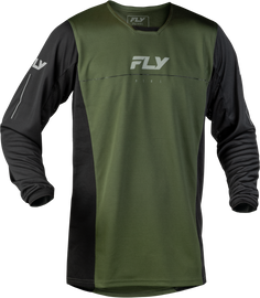 Fly Racing Patrol jersey in forest green and black, size large, featuring a lightweight, breathable fabric with logo details.