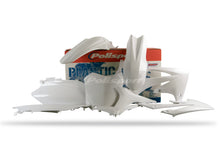 Load image into Gallery viewer, Polisport Plastics white plastic body kit for motorcycles, shown from a side angle with detailed panels and mounting points.