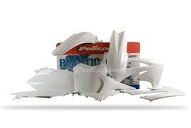 Polisport Plastics white plastic body kit for motorcycles, shown from a side angle with detailed panels and mounting points.