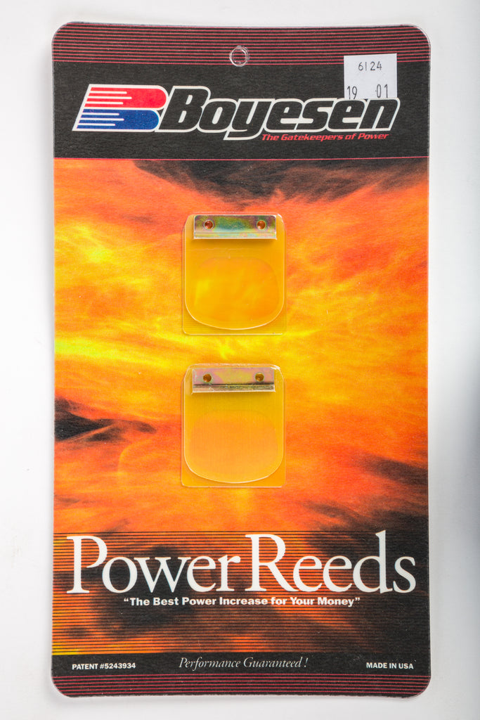 Boyesen motorcycle intake/reed system with black reed valves and metal mounting plates for enhanced engine performance.