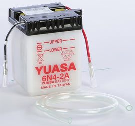 Yuasa 6N4-2A conventional 49-1620 battery, showing its compact design and terminals for automotive or marine use