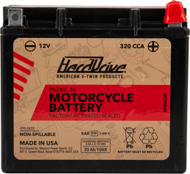 Hardrive Premium GYZ20HLA battery with 320 CCA, automotive starting battery, visible terminals and brand logo on the label.