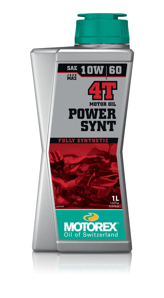 Motorex Power Synt Oil 10W60 4T 1L bottle, automotive synthetic motor oil, with label and cap visible.