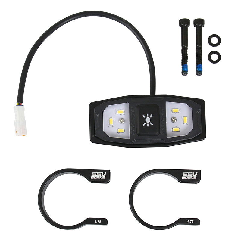 SSV Works LED dome light with cage clamps, ring style, 1.75-inch diameter, mounted on a vehicle interior surface.