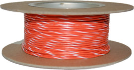 Orange and white striped 100-foot spool of 20-gauge electrical wire by Namz, shown coiled and ready for installation.