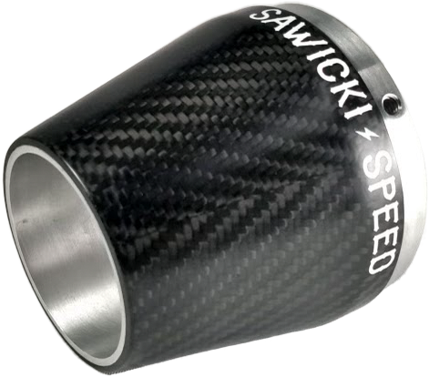 Sawicki Speed Shop true carbon fiber exhaust end cap, lightweight and durable, designed for enhanced performance.