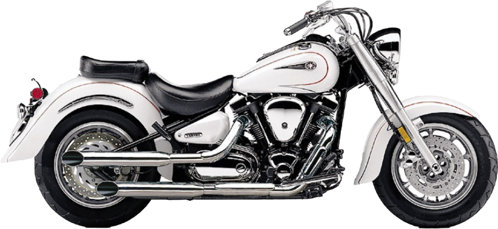Cobra Blvd Slashcut Chrome Exhaust for Yamaha V-Star 1100 motorcycle, slip-on style with chrome finish and slashcut design.
