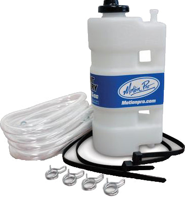 Motion Pro coolant recovery tank with 275cc capacity, shown in black plastic with attachment points and measurement markings.