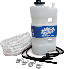 Motion Pro coolant recovery tank with 275cc capacity, shown in black plastic with attachment points and measurement markings.