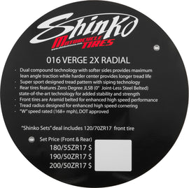 Shinko Verge 2x tire sign displaying promotional signage with Shinko branding and product details in bold text.