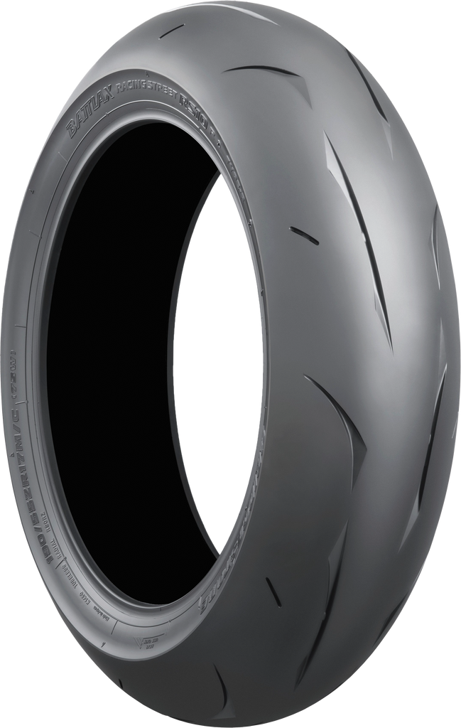 Bridgestone Battlax RS10 rear motorcycle tire 150/60R17 66H radial tubeless on a wheel, showcasing tread pattern and sidewall details.