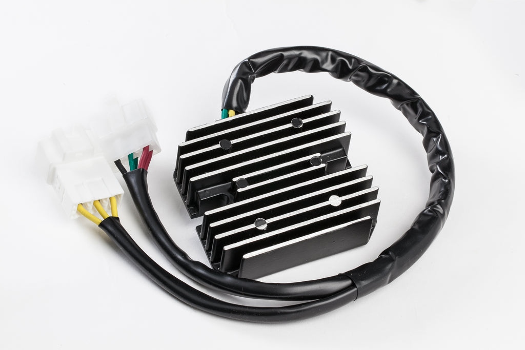 Ricks Motorsport Electric regulator and rectifier for motorcycle electrical systems, mounted on a vehicle with wiring visible.