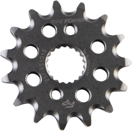 Steel Fire Power Front CS Sprocket 15-tooth for motorcycle, showing the sprocket's detailed teeth and metallic finish.