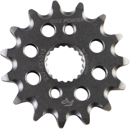 Steel Fire Power 15-tooth front CS sprocket with bolt holes, designed for motorcycle or bike drivetrain applications.