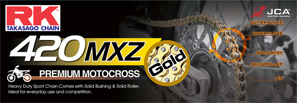 Excel Wheel Components Gb420mxz drive chain in gold, with 420 x 132 links, featuring durable metal links and detailed chain segments.