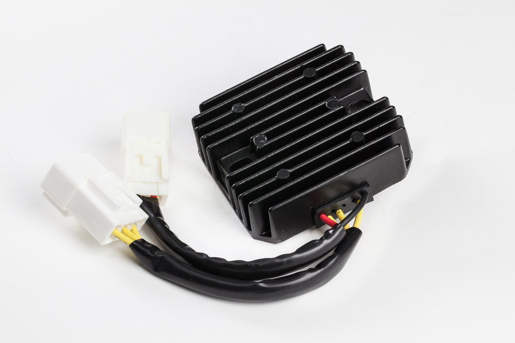 Ricks Motorsport Electric regulator/rectifier for motorcycle electrical systems, shown with mounting brackets and wiring connections.