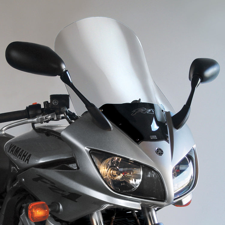 National Cycle replacement windshield 562-5310C shown on motorcycle, clear windscreen with mounting brackets and protective edges