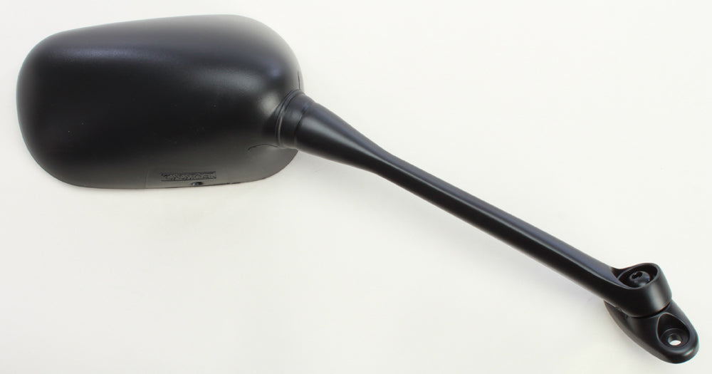 Right Emgo motorcycle mirror with black housing and adjustable arm, mounted on a handlebar.