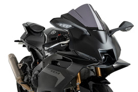 PUIG Z-Racing dark smoke motorcycle windshield, sleek windscreen with tinted finish, designed for Yamaha models.