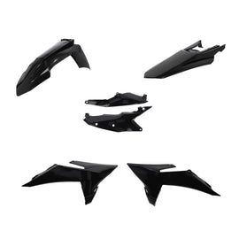 Black Acerbis plastic body kit for KTM motorcycle, featuring molded panels and mounting points, shown on a white background.