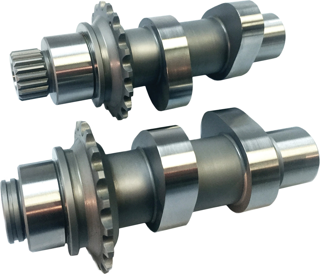 TTS 100 Camshaft for Harley Twin Cam engines, showing the metal camshaft with gear and precise machining details.