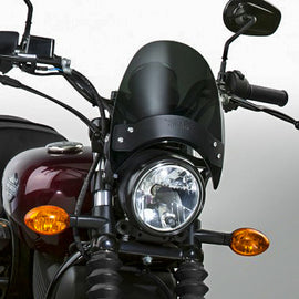 National Cycle Flyscreen WS Dark Smoke windshield with black hardware, mounted on a motorcycle for wind protection.