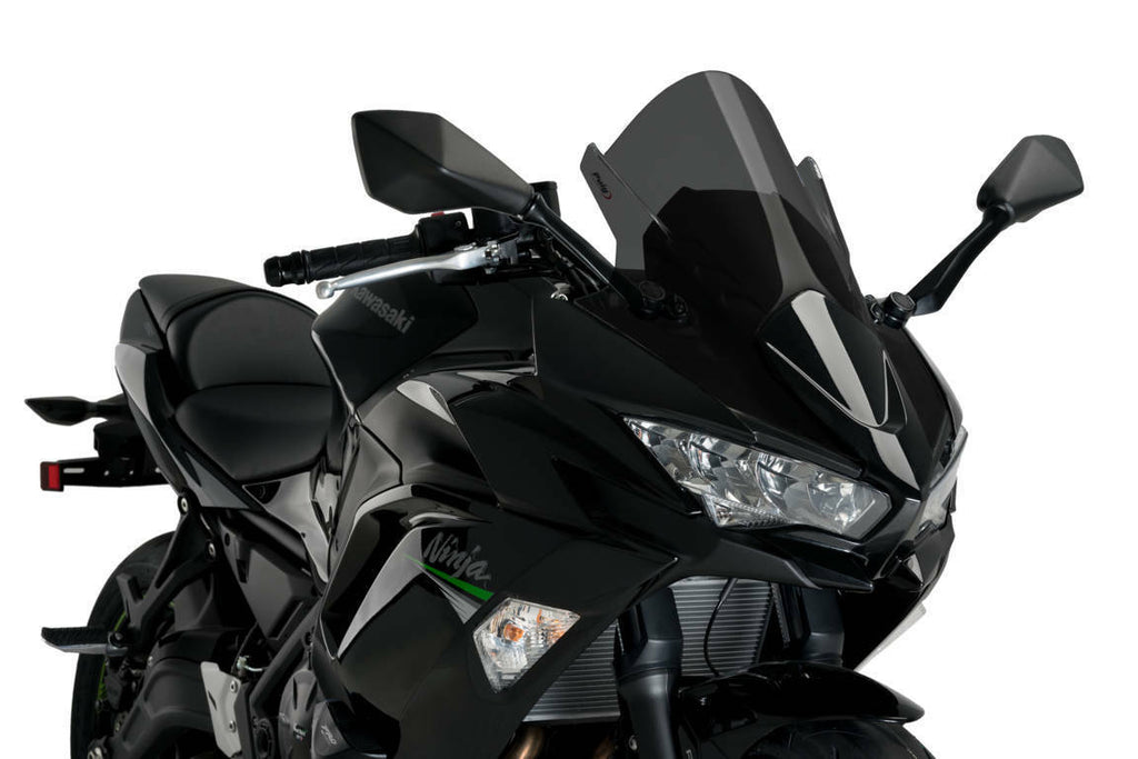 PUIG Z-Racing dark smoke motorcycle windshield for Kawasaki, lightweight windscreen with aerodynamic design.