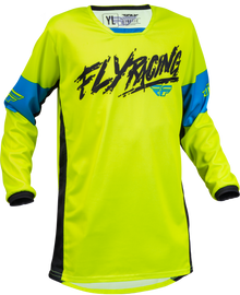 Fly Racing Youth Kinetic Khaos jersey in hi-vis, black, and cyan with bold graphics and breathable fabric for motocross riding.