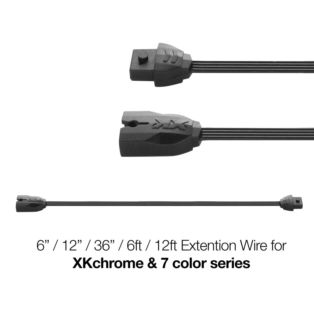 XK Glow 6-inch 4-pin extension wire for vehicle illumination, shown with connectors on black wiring for easy installation.