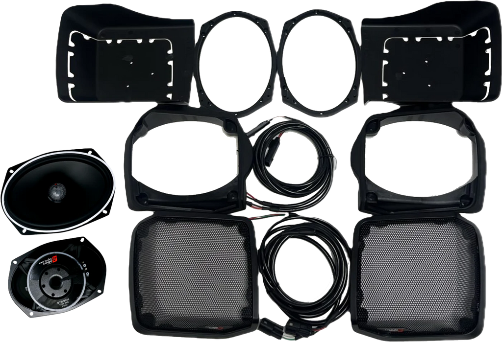 Cerwin-Vega 6x9 inch cut-in lid kit with PH694 for 2014-2023 Harley FLH/T bags, audio/visual communication accessory.
