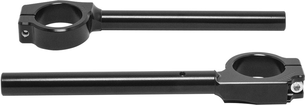 Black HeliBars clip-on handlebars attached to a motorcycle handlebar setup, showing the sleek, aerodynamic design.