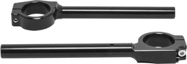 Black HeliBars clip-on handlebars attached to a motorcycle handlebar setup, showing the sleek, aerodynamic design.