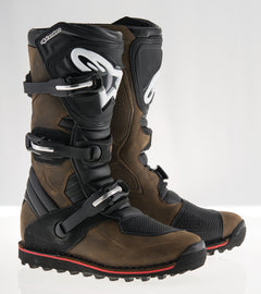Alpine Star Tech-T Boots in brown oiled leather, size 8, featuring rugged design and sturdy construction.