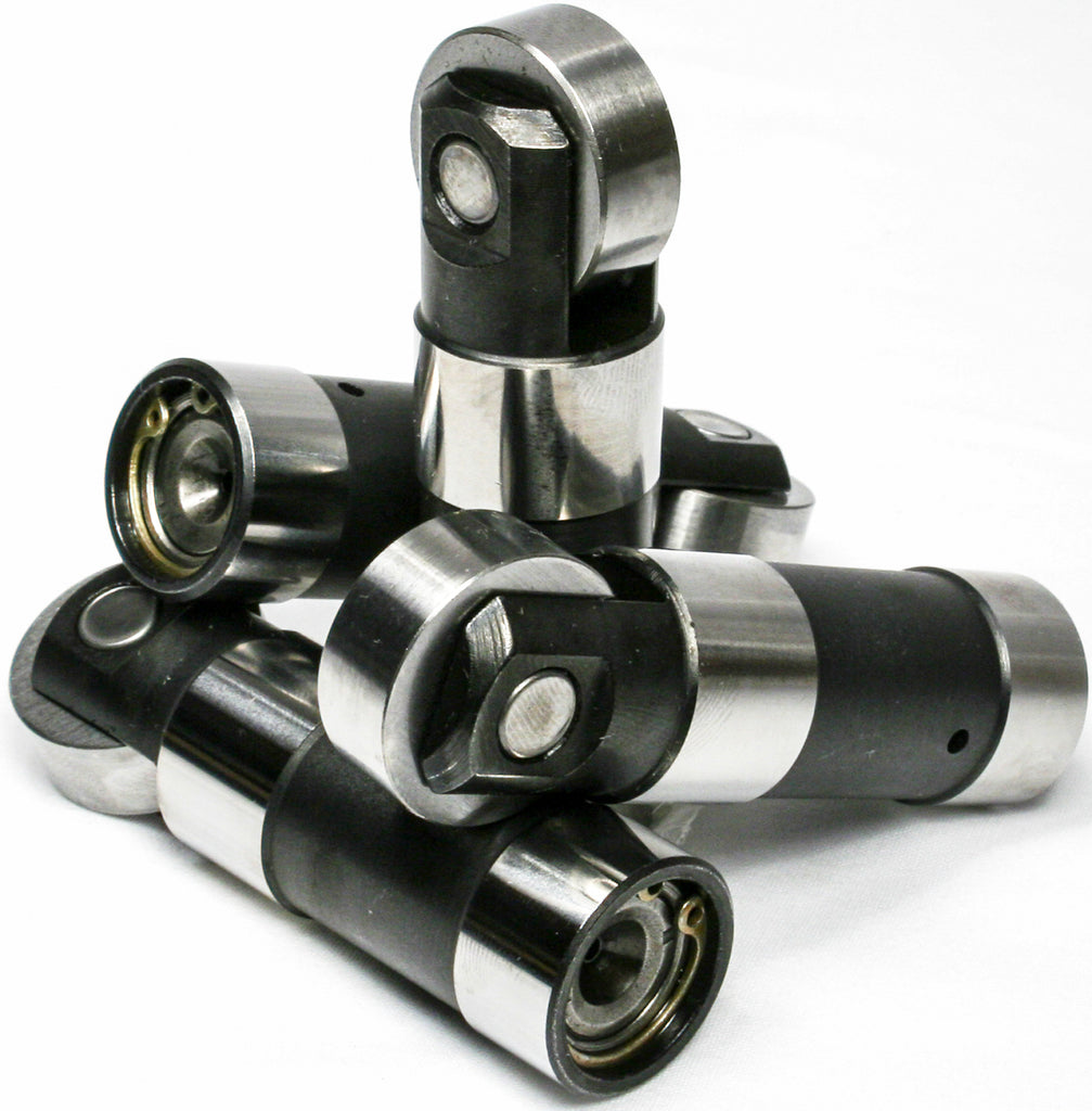 Feuling Hydraulic HP+ Roller Lifters for engine, showing metal construction and detailed parts in a close-up shot.