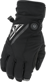 Fly Racing Title Heated Gloves in black, XS size, showing the insulated gloves with heating elements and adjustable wrist straps.