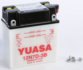 Yuasa 12N7D-3B conventional battery with top terminals, shown in the image, designed for reliable power and durability.