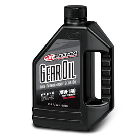 Maxima Synthetic Gear Oil 75w140 in 1-liter bottle, ideal for automotive gear systems, shown in a clear container with product label