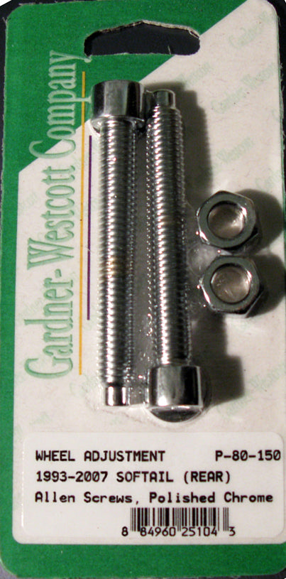 Gardner-Westcott rear wheel adjustment bolts for 1993-2007 Softail Harley-Davidson motorcycles, shown in close-up view