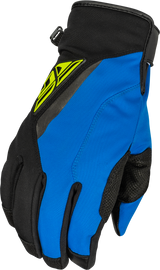 Fly Racing Title Long Gloves in black, blue, and hi-vis colors with protective design and adjustable wrist straps.