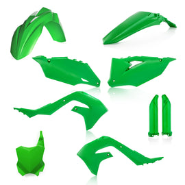 Acerbis full plastic kit in green with multiple panels and components for motorcycle or dirt bike repair and customization.
