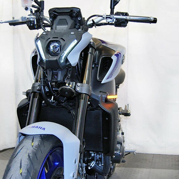 New Rage Cycles front LED turn signals for Yamaha motorcycles, illuminated with clear lenses and compact design.