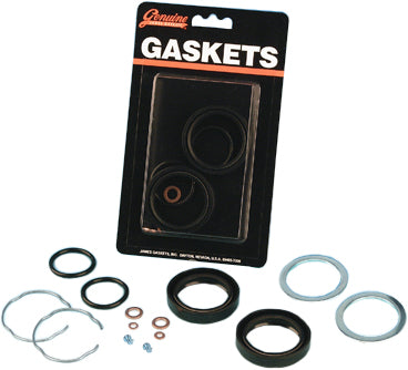James Gasket fork seal kit with 39mm gaskets and seals, including the 45849-87 model, showing the sealed components.