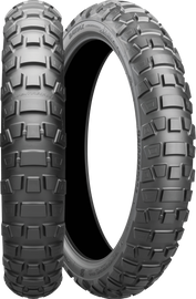 Bridgestone Battlax Advcross AX41 motorcycle tire front 90/100-19 bias tube less, tread pattern visible for off-road riding.